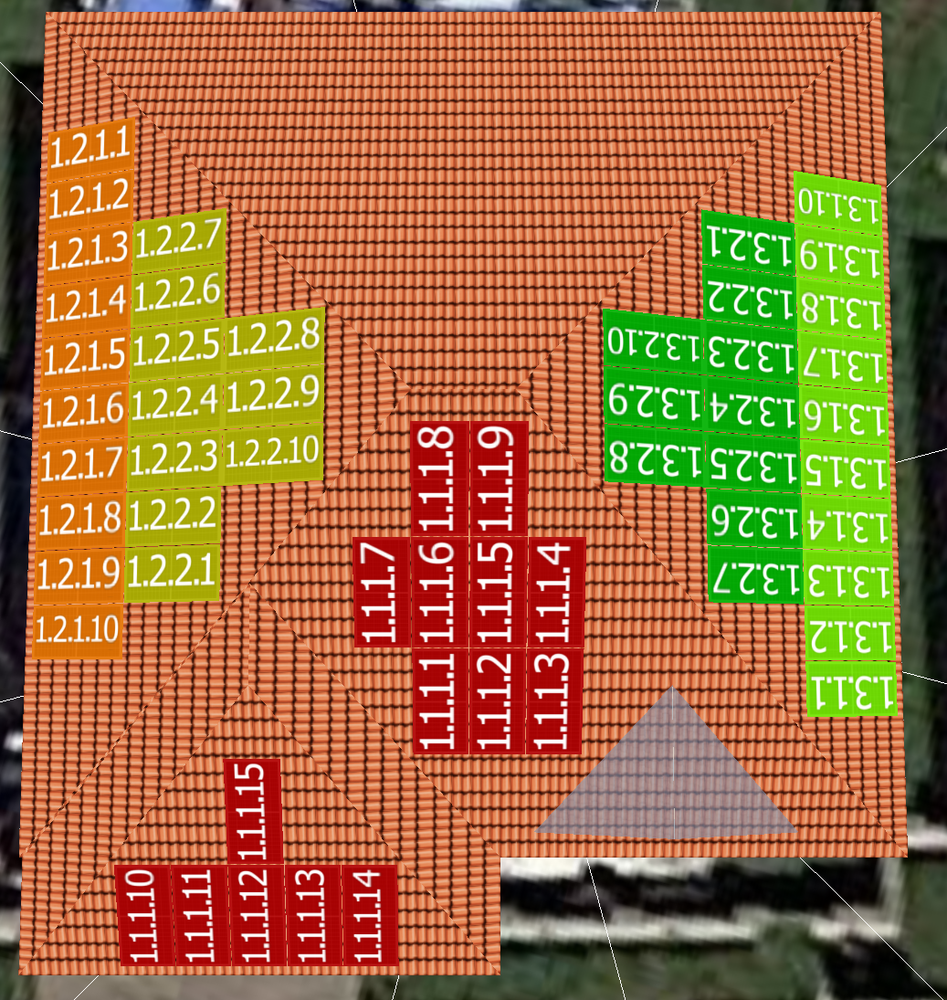 Návrh rozložení FV modul na tři střechy s různou orientací v programu PVSOL